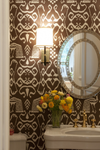 designer powder room with wallpaper