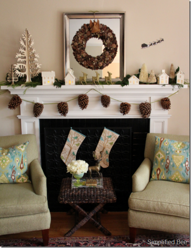 christmas_mantel_monochromatic_pinecones