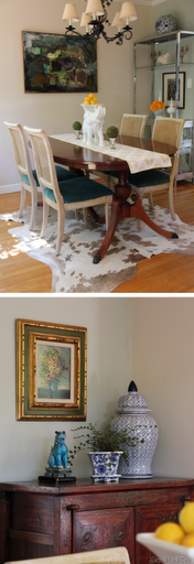 eclectic chinoiserie dining room hide rug