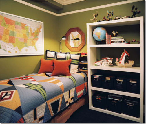 green boys bedroom with maps and globe