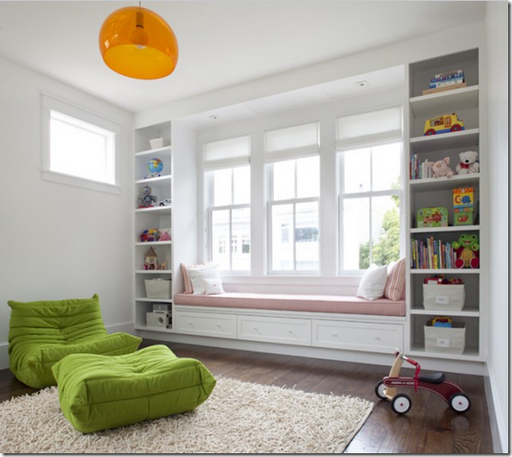 kids playroom built-in bookcase windowseat bench