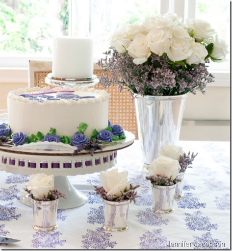 lavender white birthday party table setting