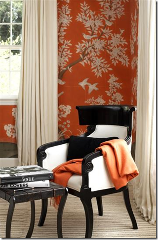 orange floral wallpaper white black chair bedroom sara story design