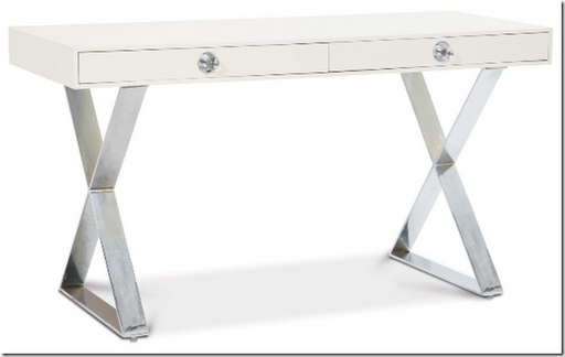 white lacquer X desk with lucite pulls