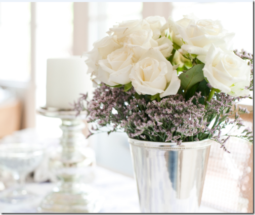 white roses in misty lavender mint julep vase