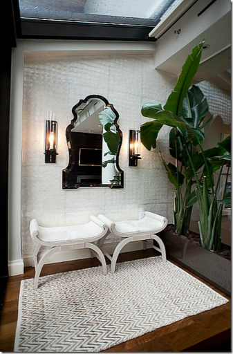 white benches and zig zag run entry