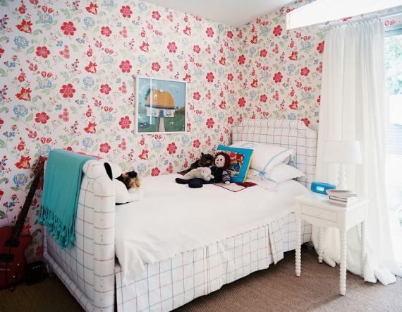 Girls Bedroom with Floral Wallpaper