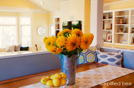 yellow and gray great room kitchen nook
