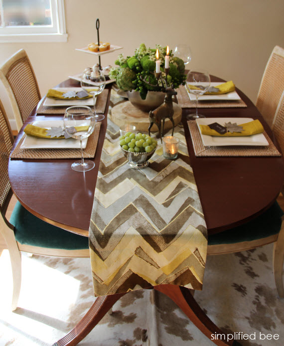 chartreuse, brown and silver thanksgiving table