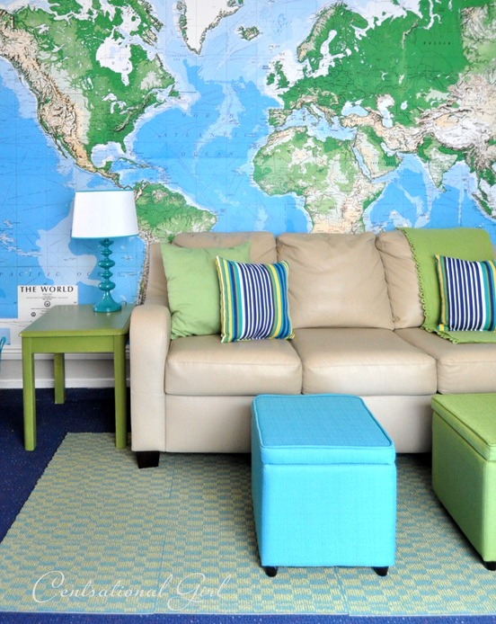kids playroom with world map wallpaper