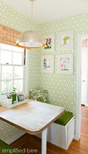 green and white kitchen nook