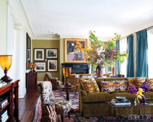 green and turquoise living room by Miles Redd