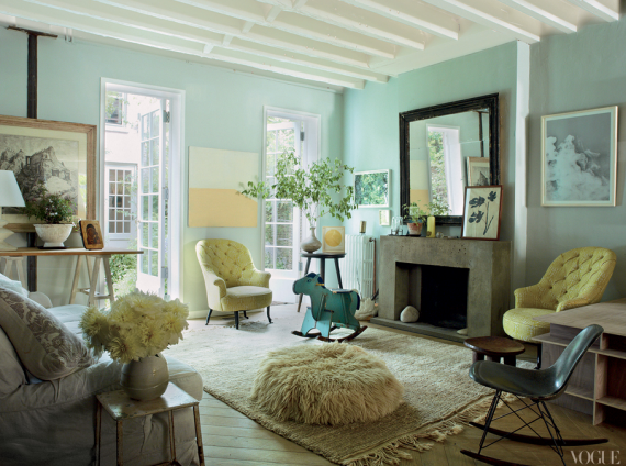 living room with mint walls