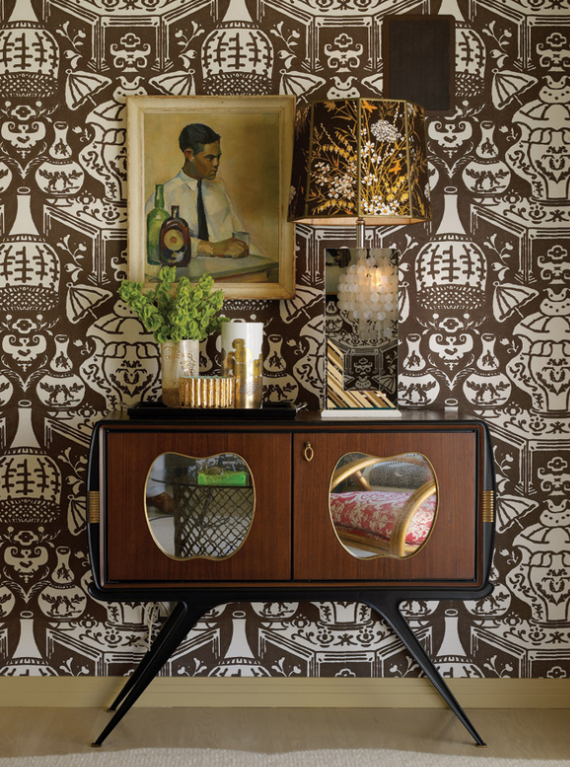 chic entry with brown and white wallpaper