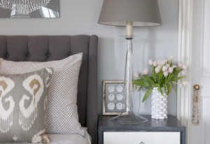 gray upholstered headboard