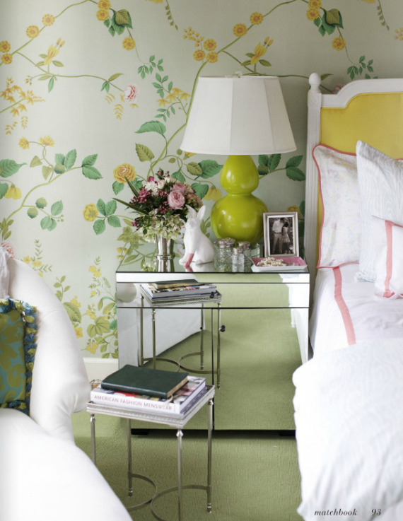 green and yellow floral wallpaper bedroom