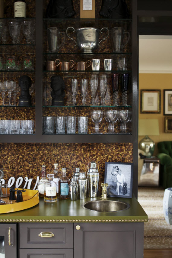 retro bar with open shelving and wallpaper