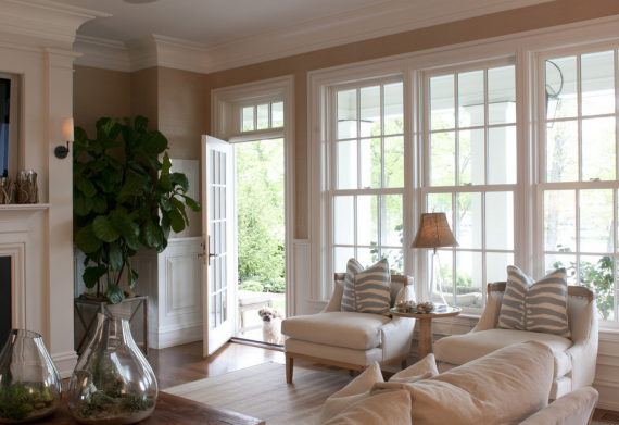 traditional family room with beautiful windows