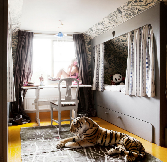 gray botanical wallpaper girls room