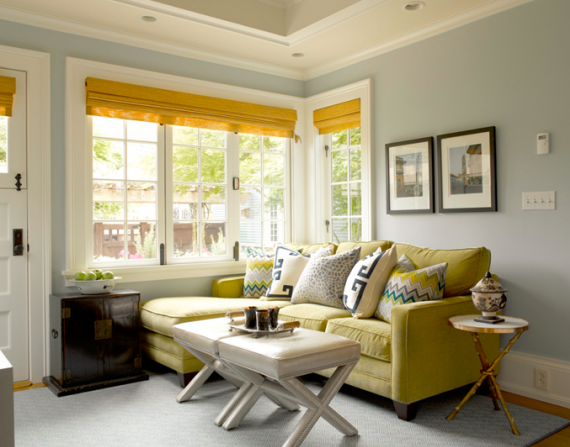 traditional family room in blue and yellow