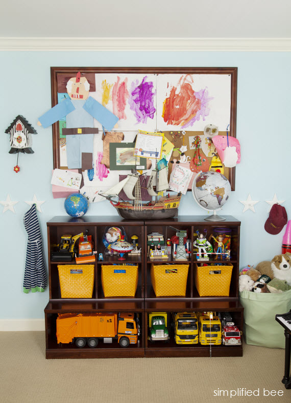 boys bedroom toy storage and pin board // Simplified Bee