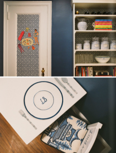 wallpapered door and bookshelf