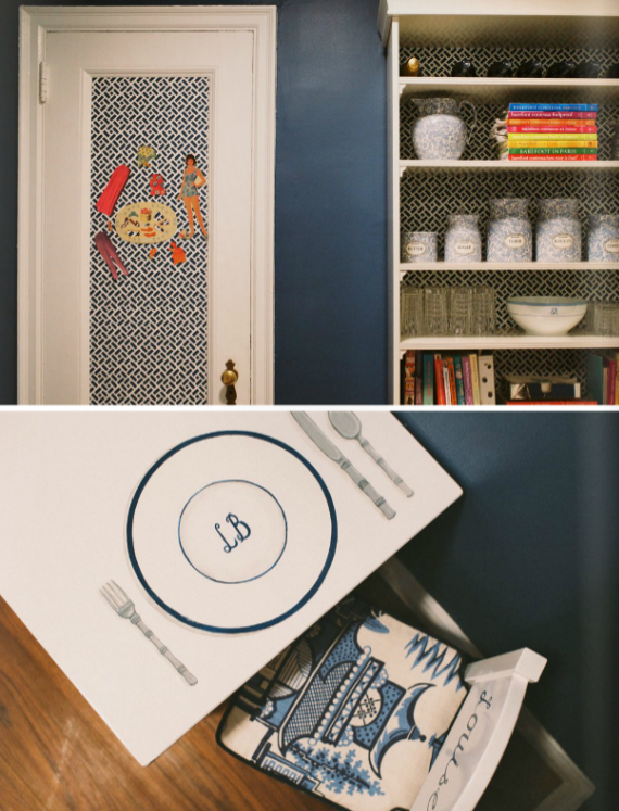wallpapered door and bookshelf