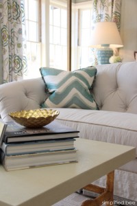blue chevron pillow + bunny williams lamp - bedroom design by House of Ruby