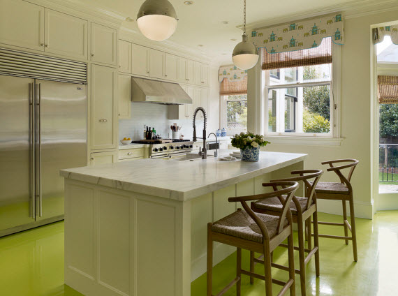 designer kitchen with yellow painted floors