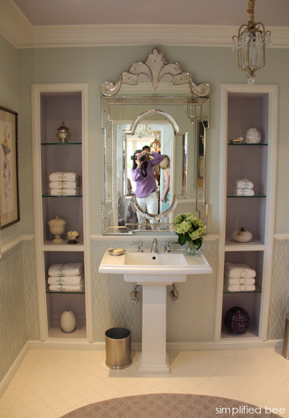 lavender bathroom with Venetian mirror