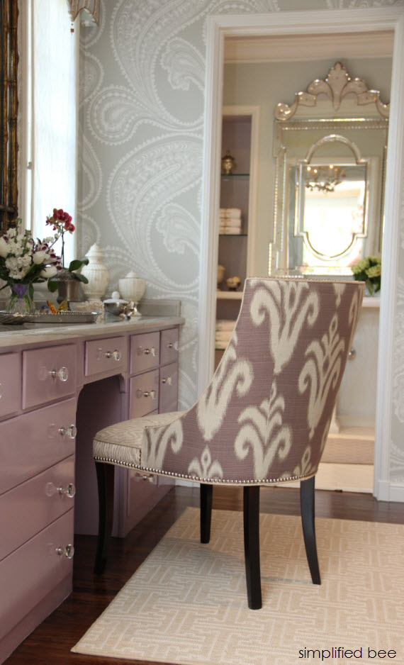 lavender vanity and ikat chair - Woodside Decorator Show House