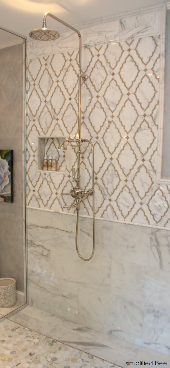 marble mosaic shower // Woodside Decorator Show House // MJM Interior Design
