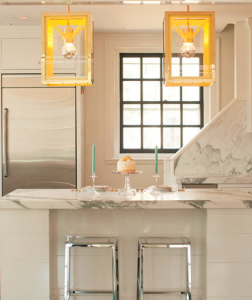 kitchen with brass and neon yellow lantern