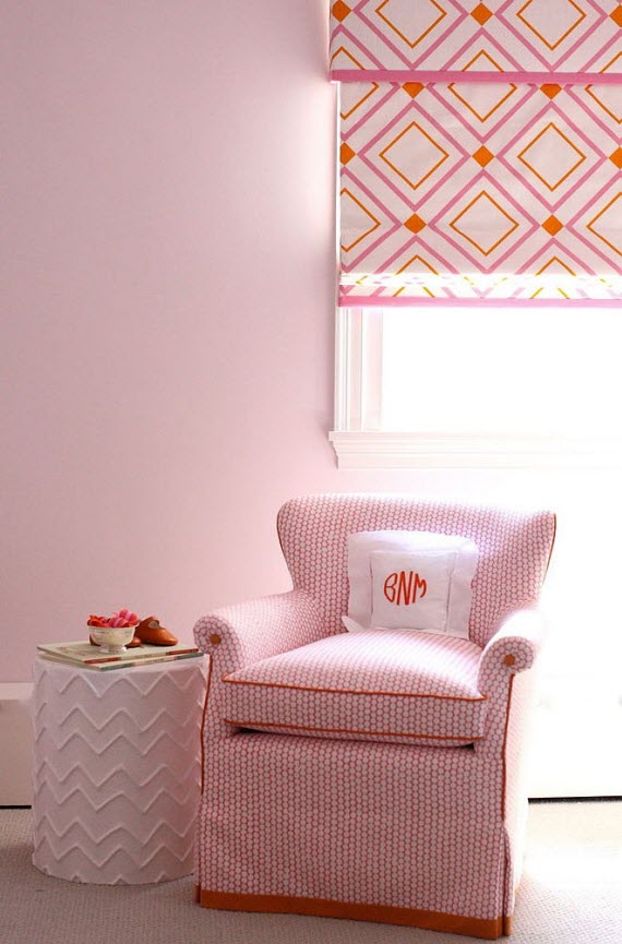 girl's bedroom with orange+pink roman shade
