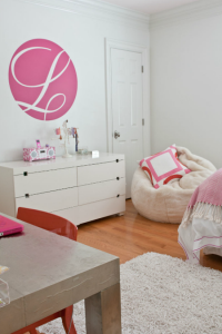 modern girls bedroom with pink and orange