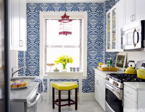 blue and yellow designer kitchen