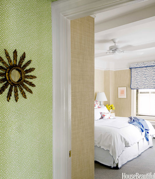 lime-green Quadrille wallpaper in hallway