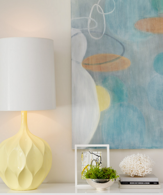 modern art, coral and pale yellow lamp - decor vignette