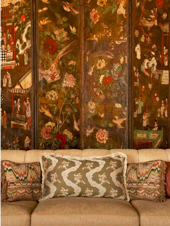 Spanish chinoiserie leather screen - living room - Suzanne Tucker