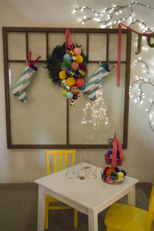 chandelier made of holiday ornaments