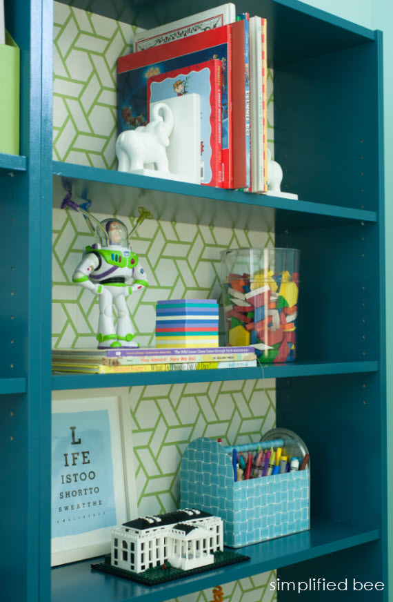 ikea billy bookcase hack with wallpaper // simplified bee