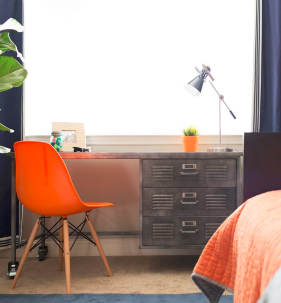 boys industrial style desk and orange chair - bedroom - simplified bee