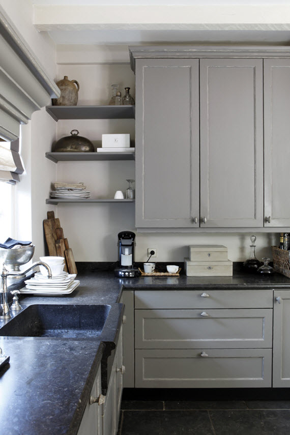gray kitchen with open shelving