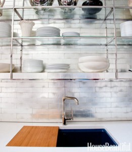 kitchen with chrome and glass open shelves