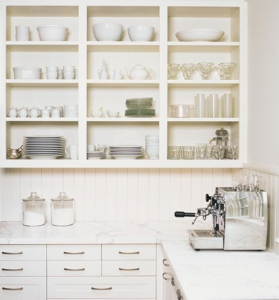 kitchen with open shelves using existing cabinetry