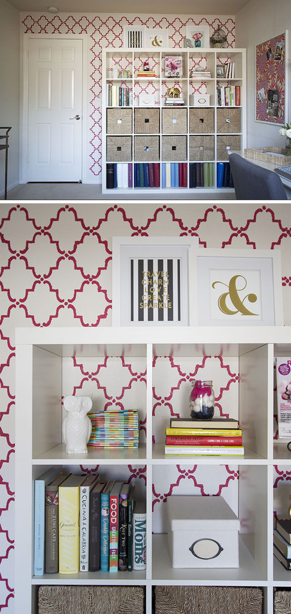 preppy home office // ikea shelving and stencil wall