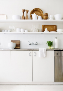 all white kitchen with open shelves
