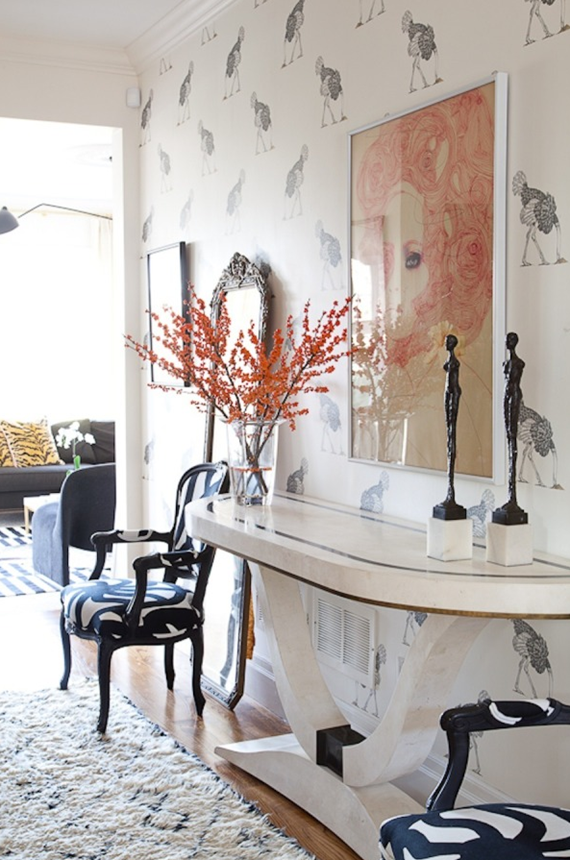 chic foyer with ostrich wallpaper