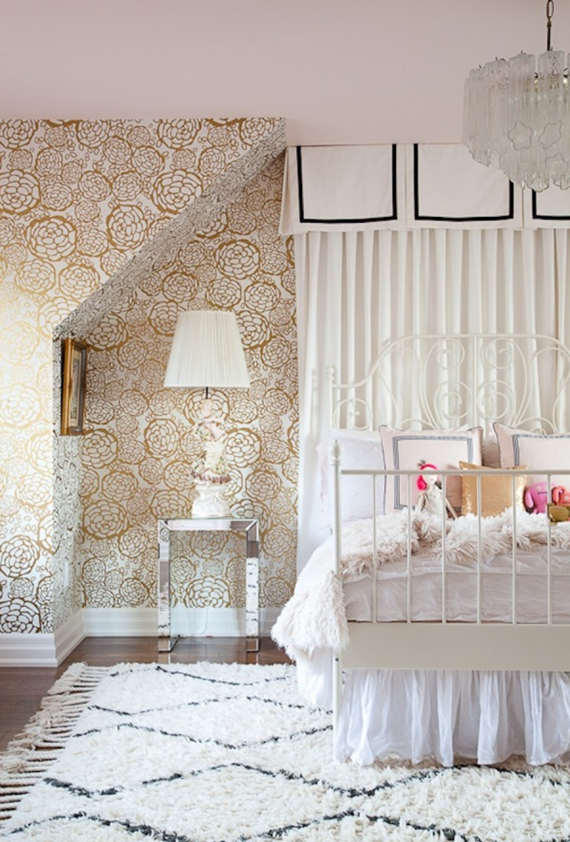 girls bedroom with petal pusher wallpaper