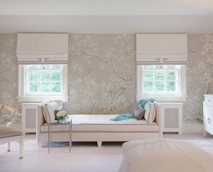 chinoiserie wallpaper in gray and yellow - bedroom - laura tutun interiors